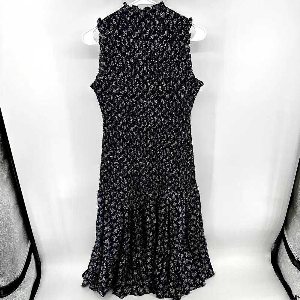 Veronica Beard Verena Dress Midi Smocked Drop Waist Fit Flare Floral Marine 6 - Picture 6 of 6